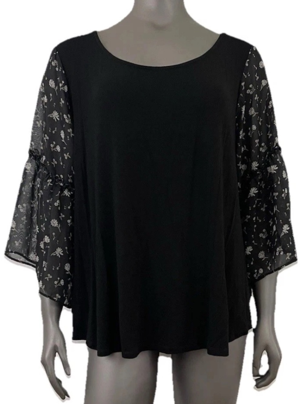 Maurice’s Top Woman’s 1X Black Floral Sheer Ruffled 3/4 Bell Sleeve Daisy Tunic